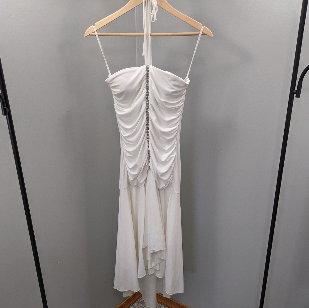 Juniors Semi Formal Hi Low White Dress w/ Crystals